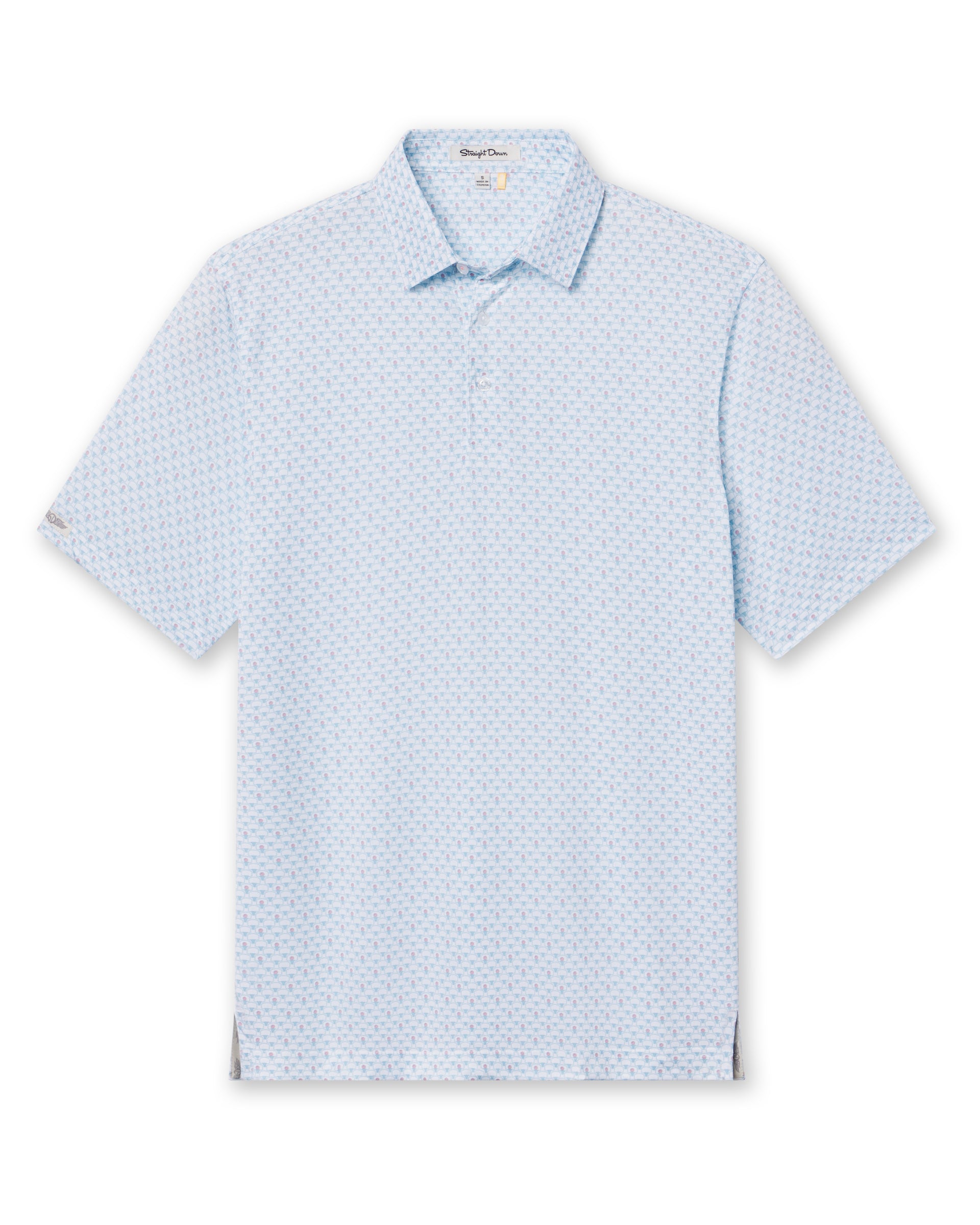 Men's Slam Dunk Polo in Coastal, front view featuring an allover basketball hoop and ball print in light blue and pink on white