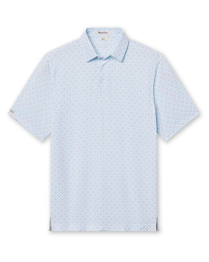 Men's Slam Dunk Polo in Coastal, front view featuring an allover basketball hoop and ball print in light blue and pink on white