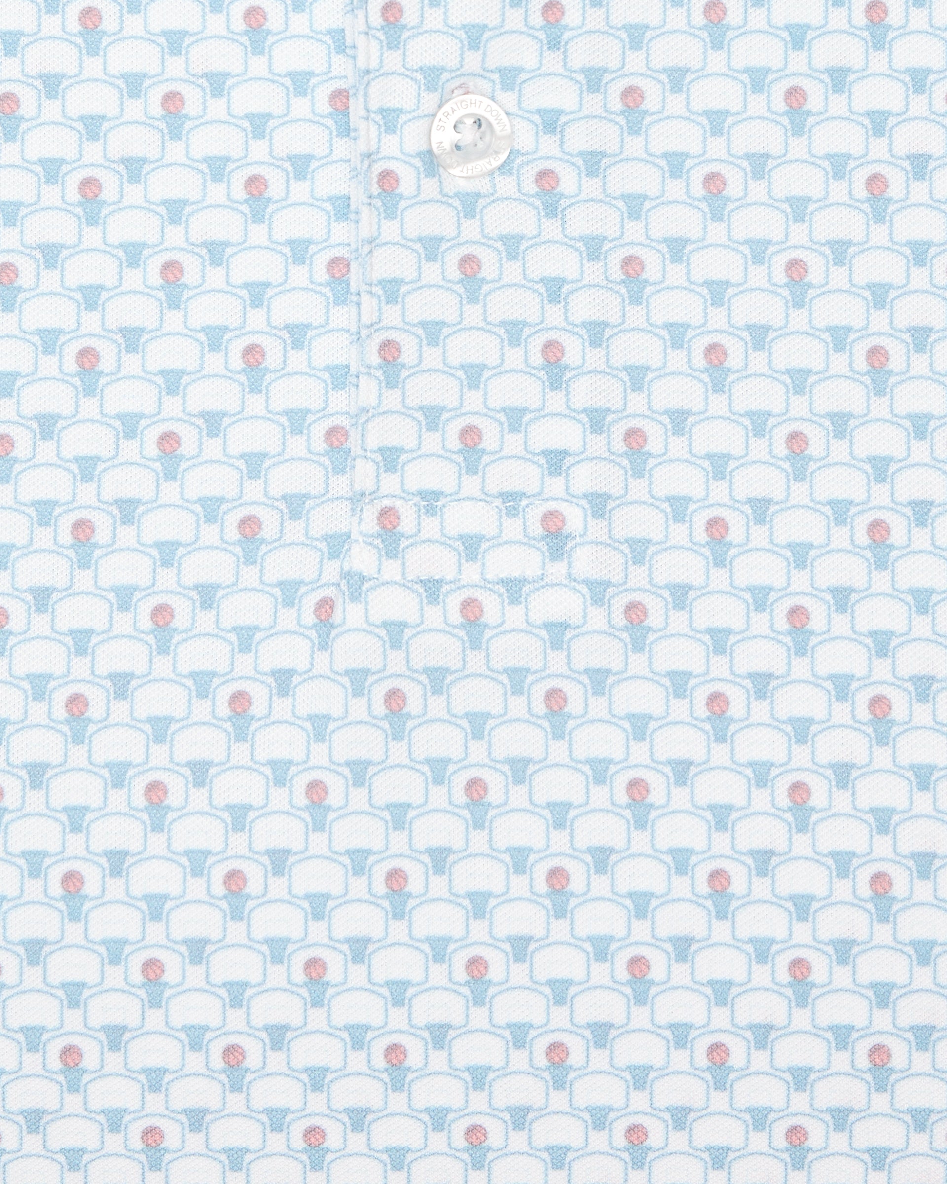 Men's Slam Dunk Polo in Coastal, close-up fabric detail showing the allover basketball hoop and ball print in light blue and pink on white