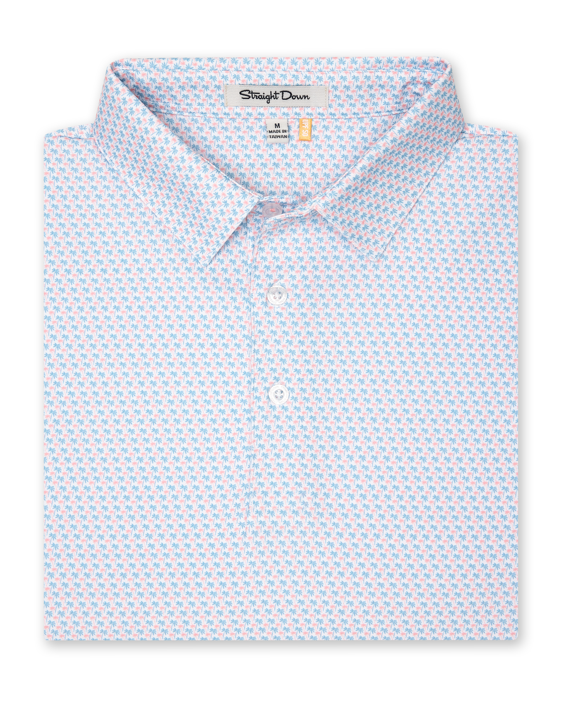 Men's Cocora Polo in Coastal, folded flat lay front view featuring a white base with an all-over blue and pink palm tree micro print