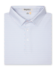 Men's Cocora Polo in Coastal, folded flat lay front view featuring a white base with an all-over blue and pink palm tree micro print