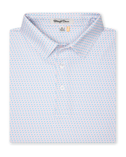 Men's Cocora Polo in Coastal, folded flat lay front view featuring a white base with an all-over blue and pink palm tree micro print