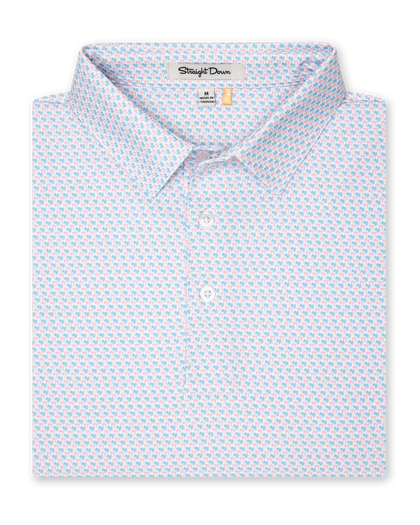 Men's Cocora Polo in Coastal, folded flat lay front view featuring a white base with an all-over blue and pink palm tree micro print