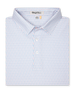 Men's Cocora Polo in Coastal, folded flat lay front view featuring a white base with an all-over blue and pink palm tree micro print