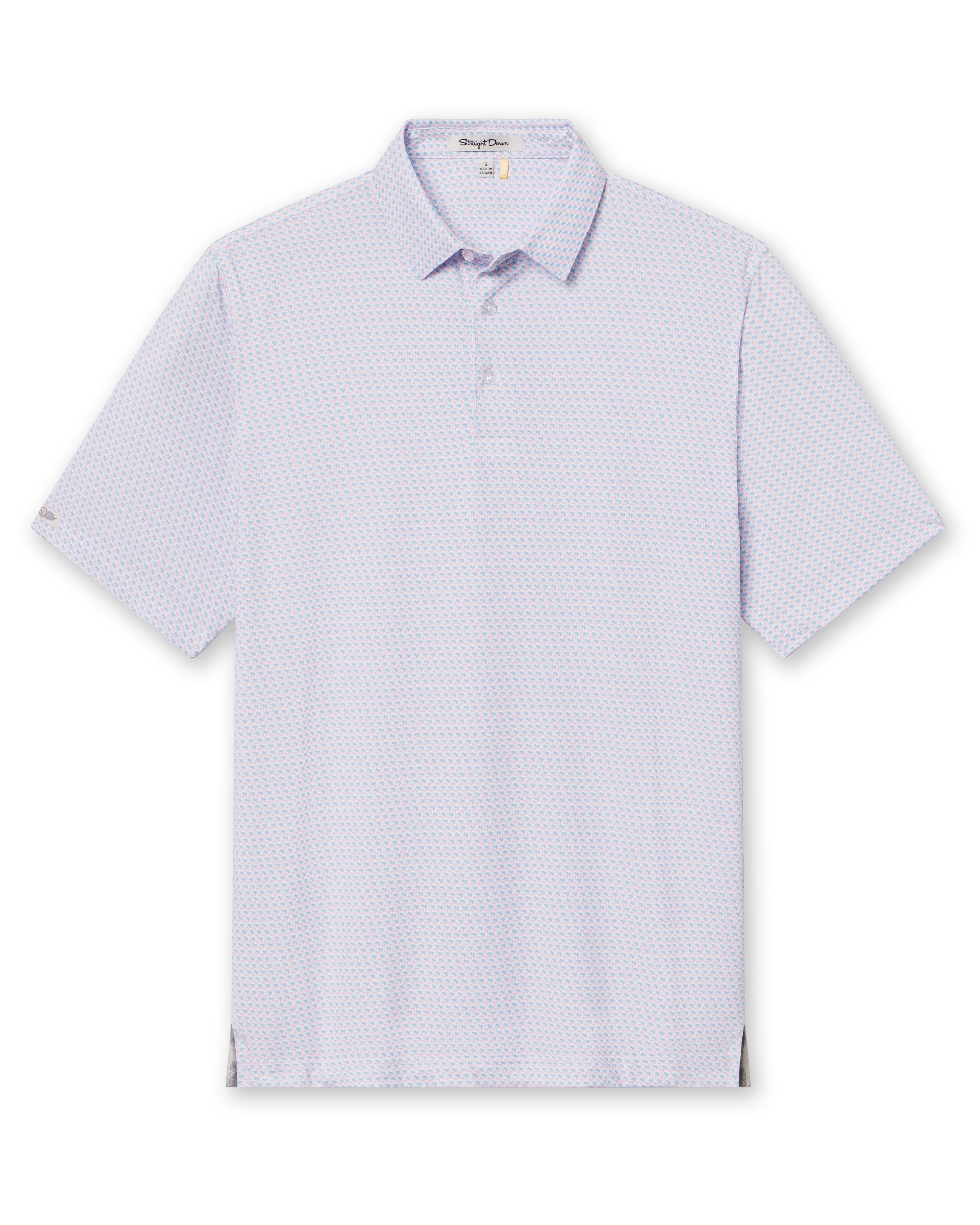 Men's Cocora Polo in Coastal, flat lay front view featuring a white base with an all-over blue and pink palm tree micro print, with Straight Down logo patch visible on sleeve