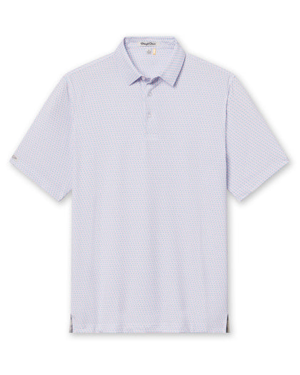 Men's Cocora Polo in Coastal, flat lay front view featuring a white base with an all-over blue and pink palm tree micro print, with Straight Down logo patch visible on sleeve