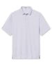 Men's Cocora Polo in Coastal, flat lay front view featuring a white base with an all-over blue and pink palm tree micro print, with Straight Down logo patch visible on sleeve