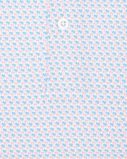 Men's Cocora Polo in Coastal, close-up flat lay fabric detail view highlighting the all-over blue and pink palm tree micro print on a white base