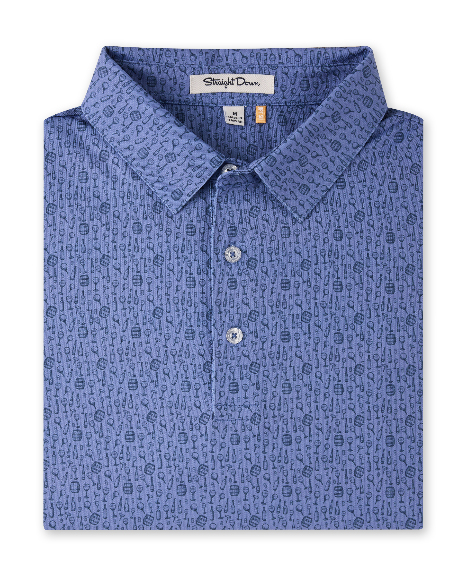 Tannins & Tees Polo in Tidal Blue folded to showcase the allover golf and wine-inspired print