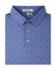 Tannins & Tees Polo in Tidal Blue folded to showcase the allover golf and wine-inspired print
