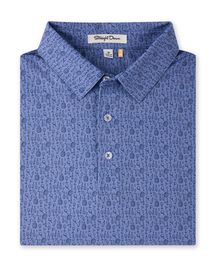 Tannins & Tees Polo in Tidal Blue folded to showcase the allover golf and wine-inspired print