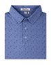 Tannins & Tees Polo in Tidal Blue folded to showcase the allover golf and wine-inspired print