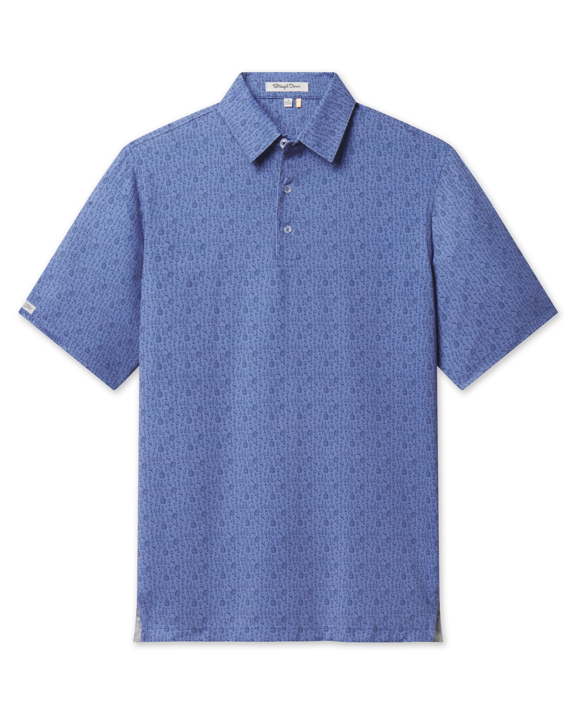 Front flat lay view of Tannins & Tees Polo in Tidal Blue featuring an allover print 