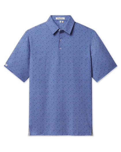 Front flat lay view of Tannins & Tees Polo in Tidal Blue featuring an allover print 