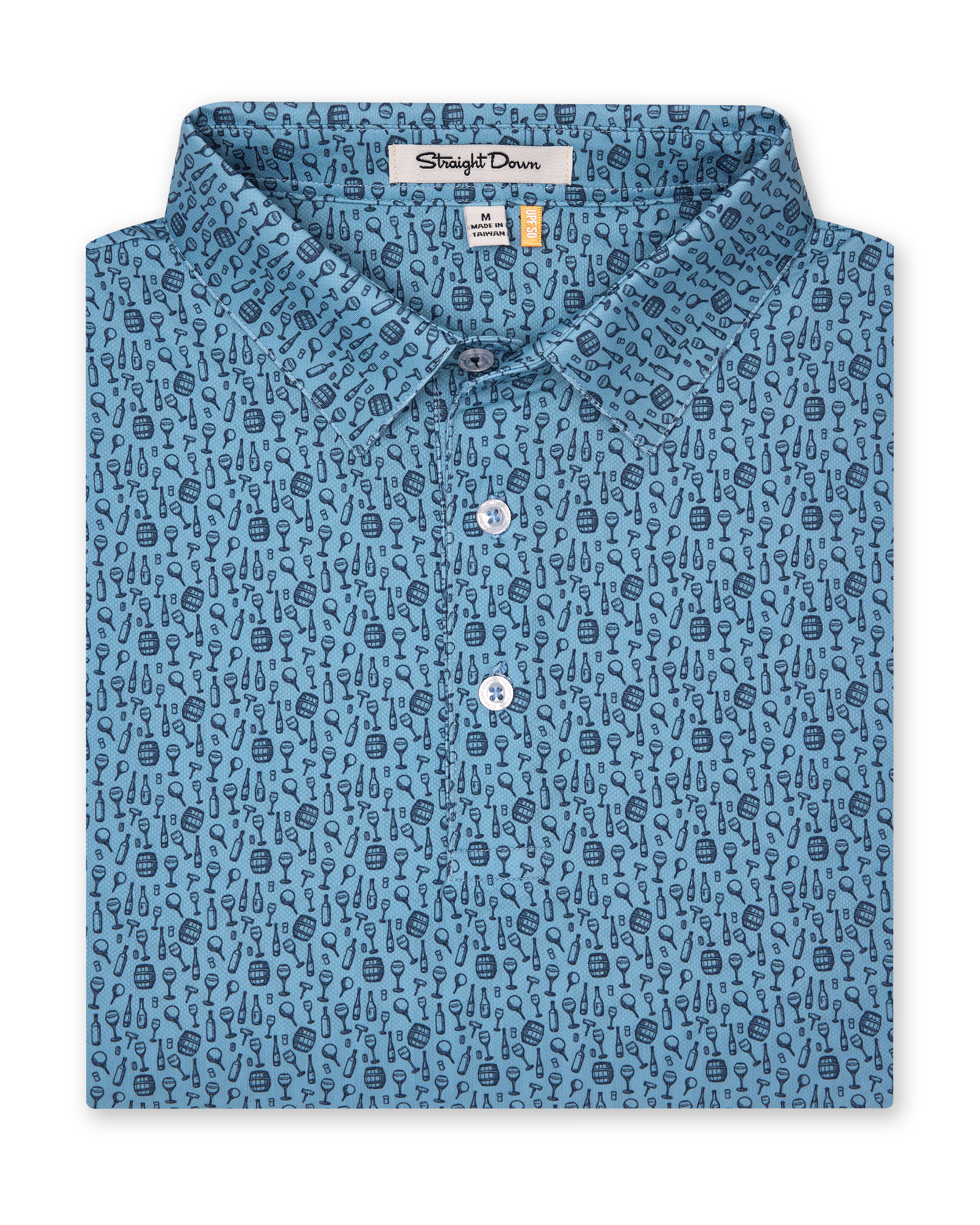 Men's Tannins & Tees Polo in Coastal, folded flat lay front view featuring a blue base with a scattered wine bottle, wine glass, barrel, and corkscrew print in navy