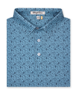 Men's Tannins & Tees Polo in Coastal, folded flat lay front view featuring a blue base with a scattered wine bottle, wine glass, barrel, and corkscrew print in navy