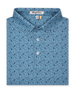 Men's Tannins & Tees Polo in Coastal, folded flat lay front view featuring a blue base with a scattered wine bottle, wine glass, barrel, and corkscrew print in navy
