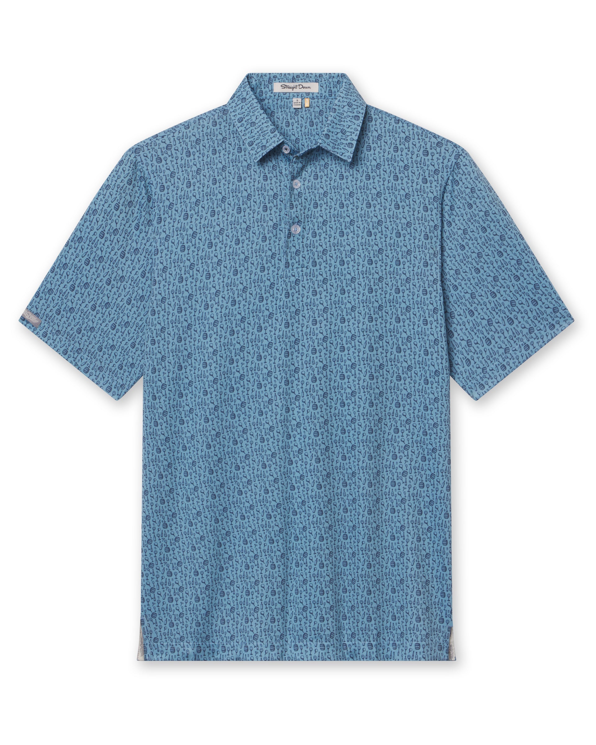 Men's Tannins & Tees Polo in Coastal, flat lay front view featuring a blue base with a scattered wine bottle, wine glass, barrel, and corkscrew print in navy, with Straight Down logo patch visible on sleeve