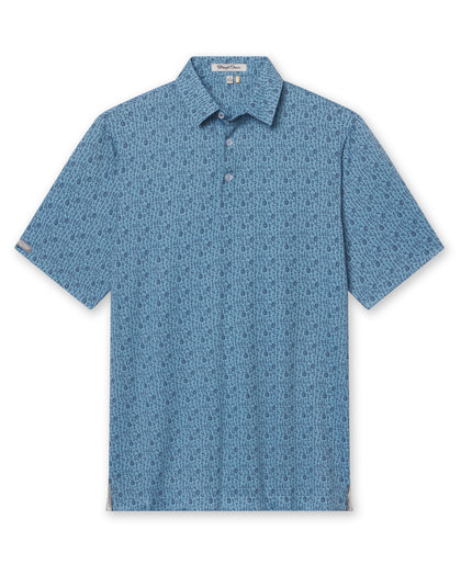 Men's Tannins & Tees Polo in Coastal, flat lay front view featuring a blue base with a scattered wine bottle, wine glass, barrel, and corkscrew print in navy, with Straight Down logo patch visible on sleeve