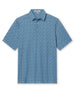 Men's Tannins & Tees Polo in Coastal, flat lay front view featuring a blue base with a scattered wine bottle, wine glass, barrel, and corkscrew print in navy, with Straight Down logo patch visible on sleeve