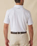 Men's Livingston Polo in White, back view on model featuring a white base with a scattered navy and light blue seagull print, with Straight Down logo embroidered at upper back, paired with khaki pants