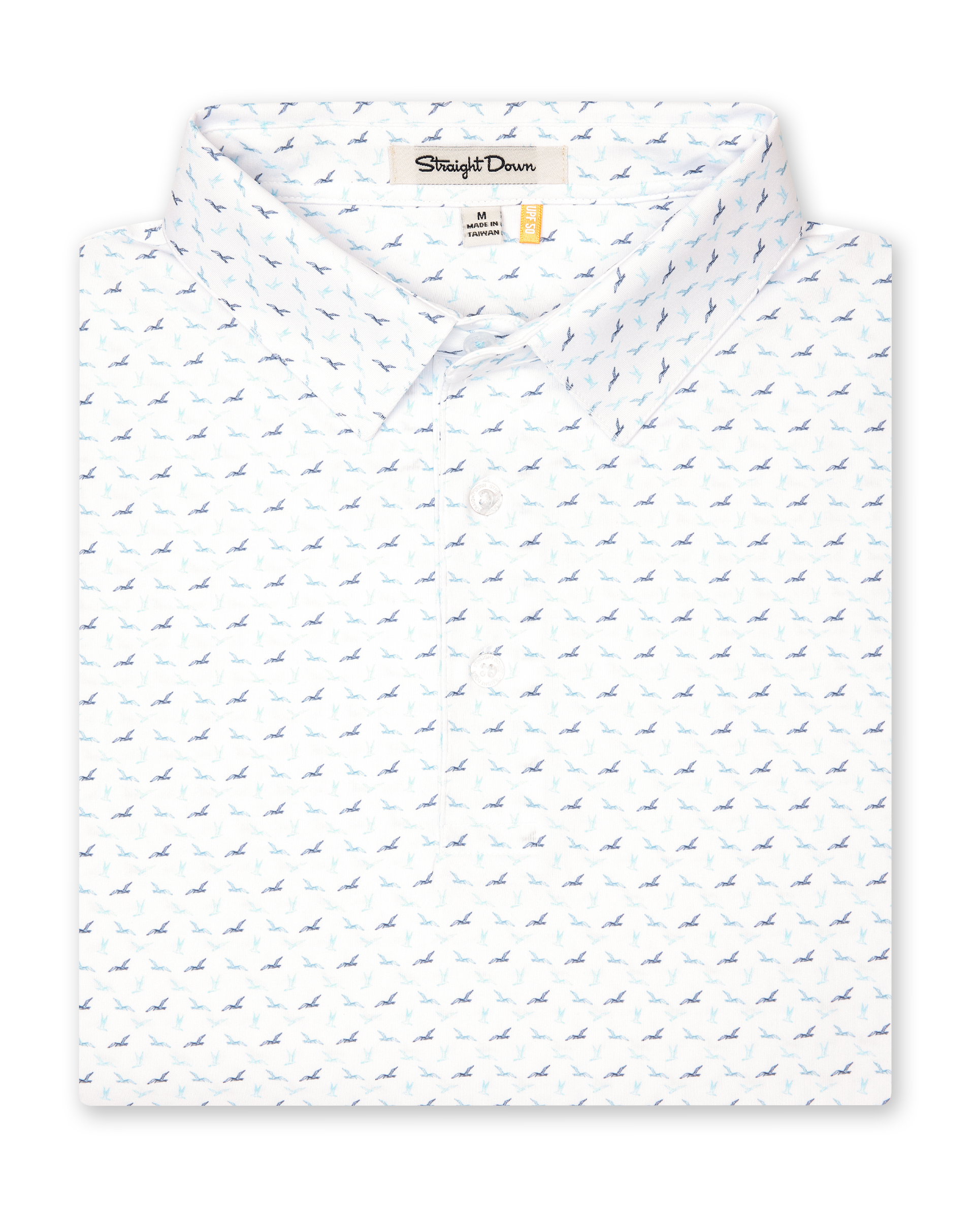 Men's Livingston Polo in White, folded flat lay front view featuring a white base with a scattered navy and light blue seagull print