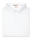 Men's Livingston Polo in White, folded flat lay front view featuring a white base with a scattered navy and light blue seagull print