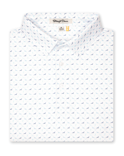 Men's Livingston Polo in White, folded flat lay front view featuring a white base with a scattered navy and light blue seagull print