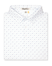 Men's Livingston Polo in White, folded flat lay front view featuring a white base with a scattered navy and light blue seagull print
