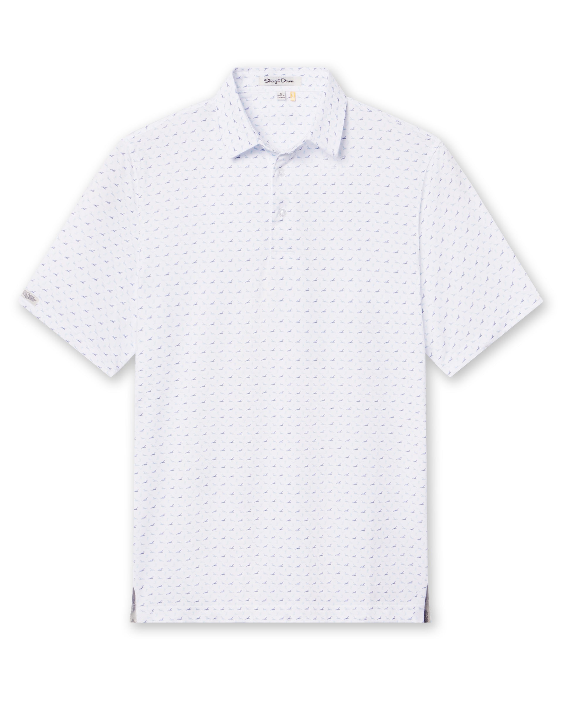 Men's Livingston Polo in White, flat lay front view featuring a white short sleeve polo with an allover flying seagull print pattern in navy and light blue tones
