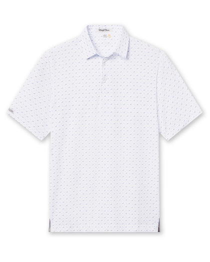 Men's Livingston Polo in White, flat lay front view featuring a white short sleeve polo with an allover flying seagull print pattern in navy and light blue tones