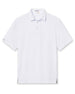 Men's Livingston Polo in White, flat lay front view featuring a white short sleeve polo with an allover flying seagull print pattern in navy and light blue tones