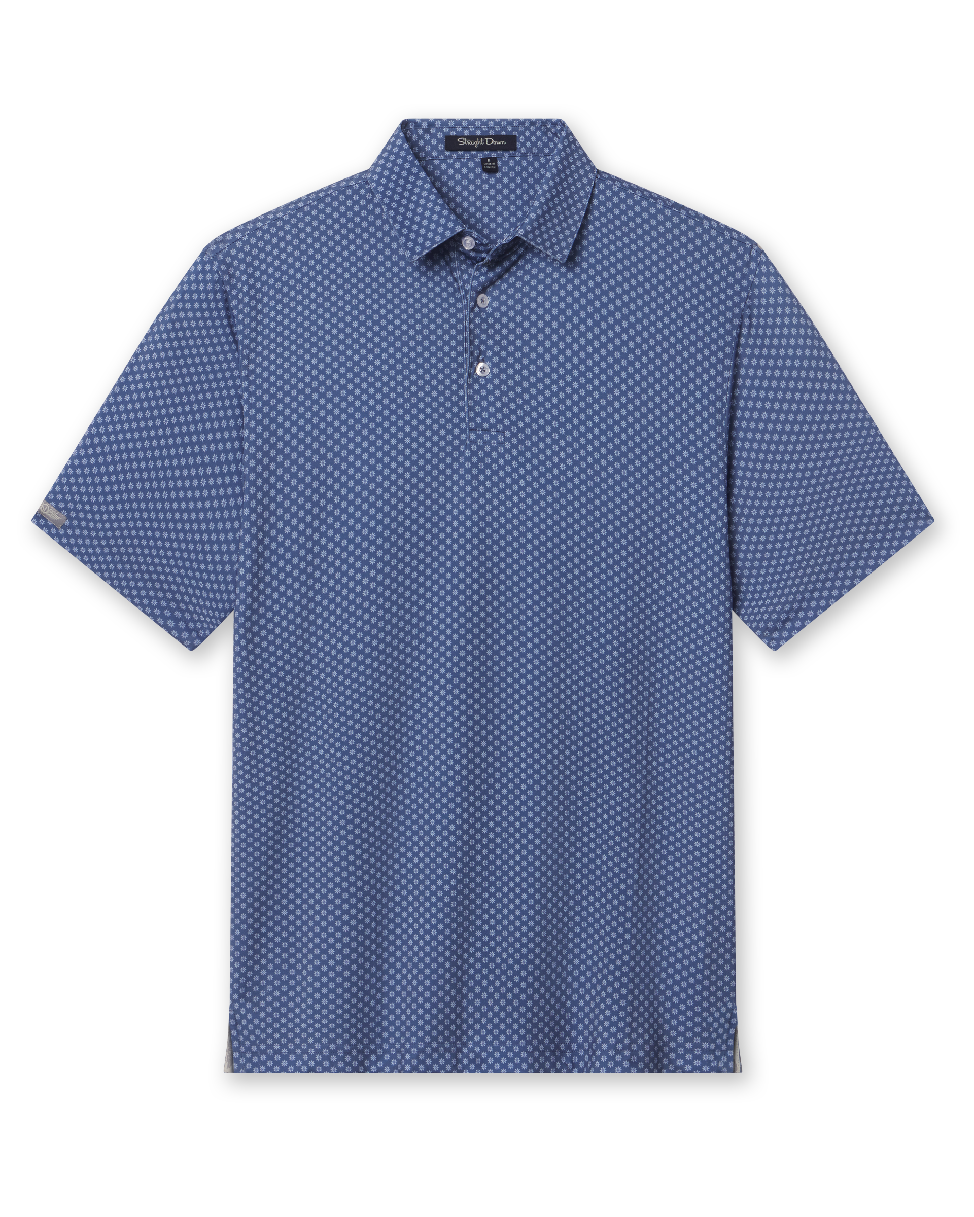 Blue Florian Polo with allover geometric floral pattern, short sleeves, three-button placket