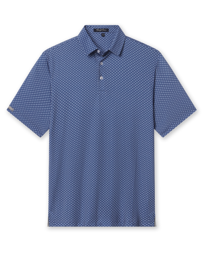 Blue Florian Polo with allover geometric floral pattern, short sleeves, three-button placket