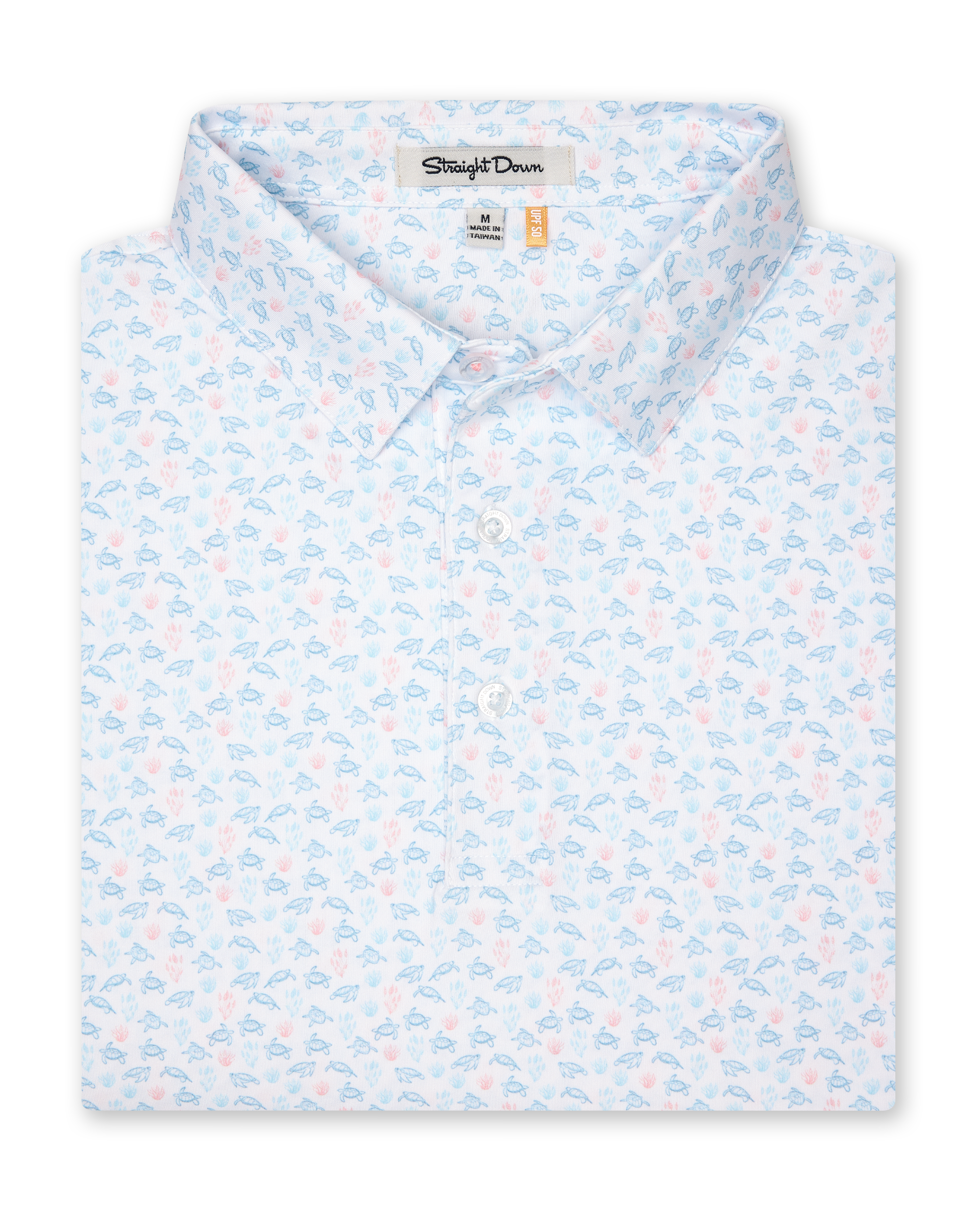 Men's Turtle Island Polo in Coastal, folded flat lay front view featuring a white short sleeve polo with an allover sea turtle and coral print in light blue and pink tones