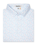 Men's Turtle Island Polo in Coastal, folded flat lay front view featuring a white short sleeve polo with an allover sea turtle and coral print in light blue and pink tones