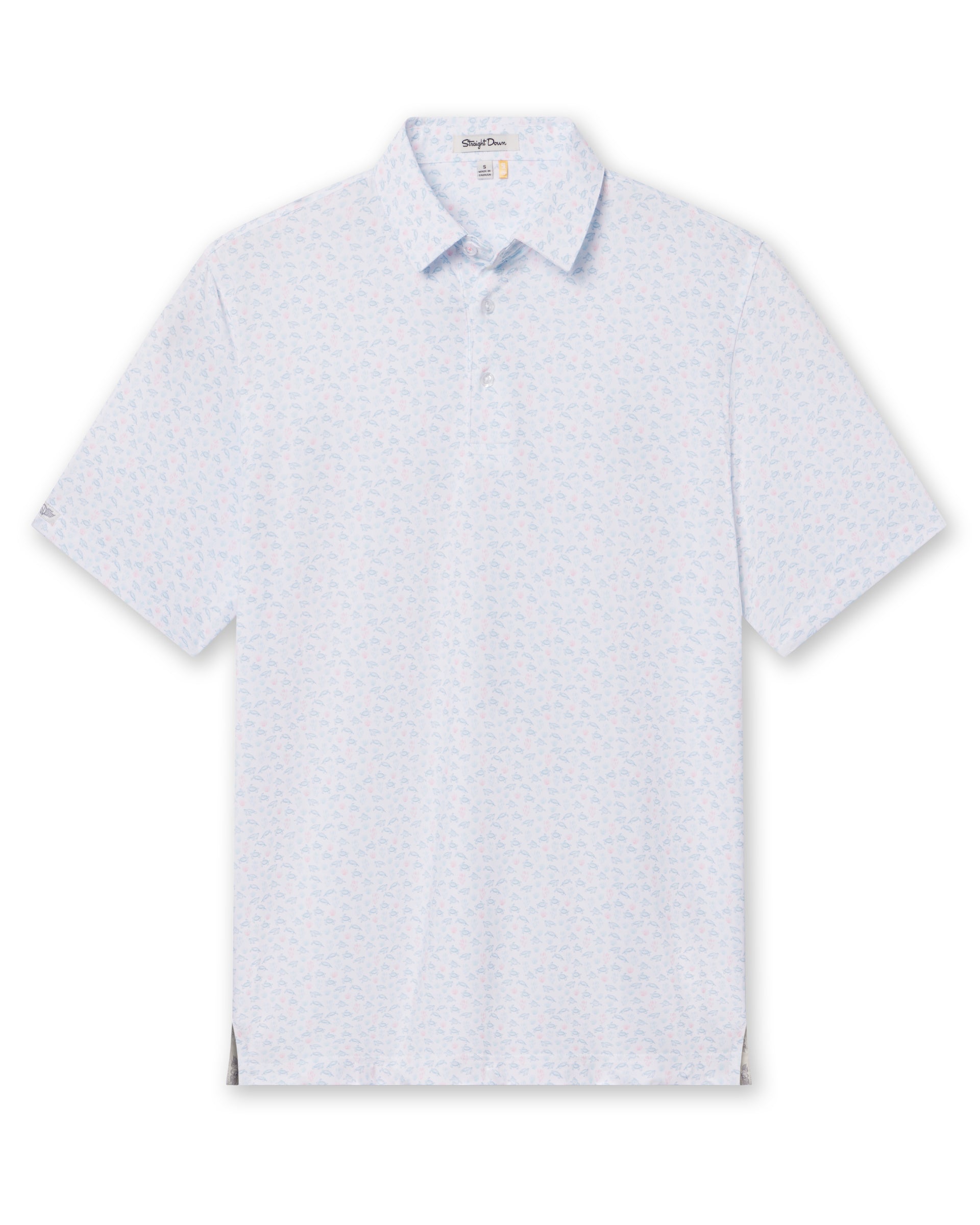 Men's Turtle Island Polo in Coastal, flat lay front view featuring a white short sleeve polo with an allover sea turtle and coral print in light blue and pink tones