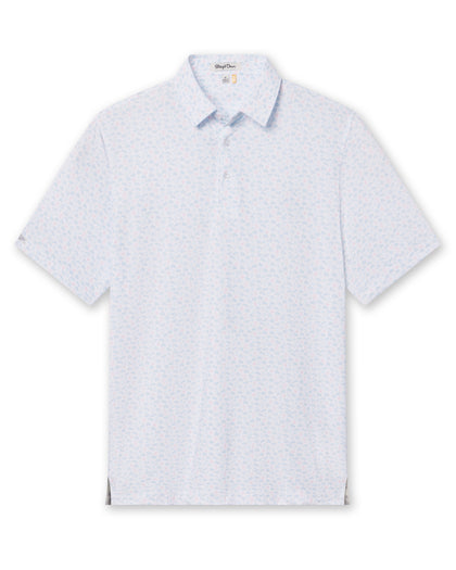 Men's Turtle Island Polo in Coastal, flat lay front view featuring a white short sleeve polo with an allover sea turtle and coral print in light blue and pink tones