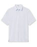 Men's Turtle Island Polo in Coastal, flat lay front view featuring a white short sleeve polo with an allover sea turtle and coral print in light blue and pink tones