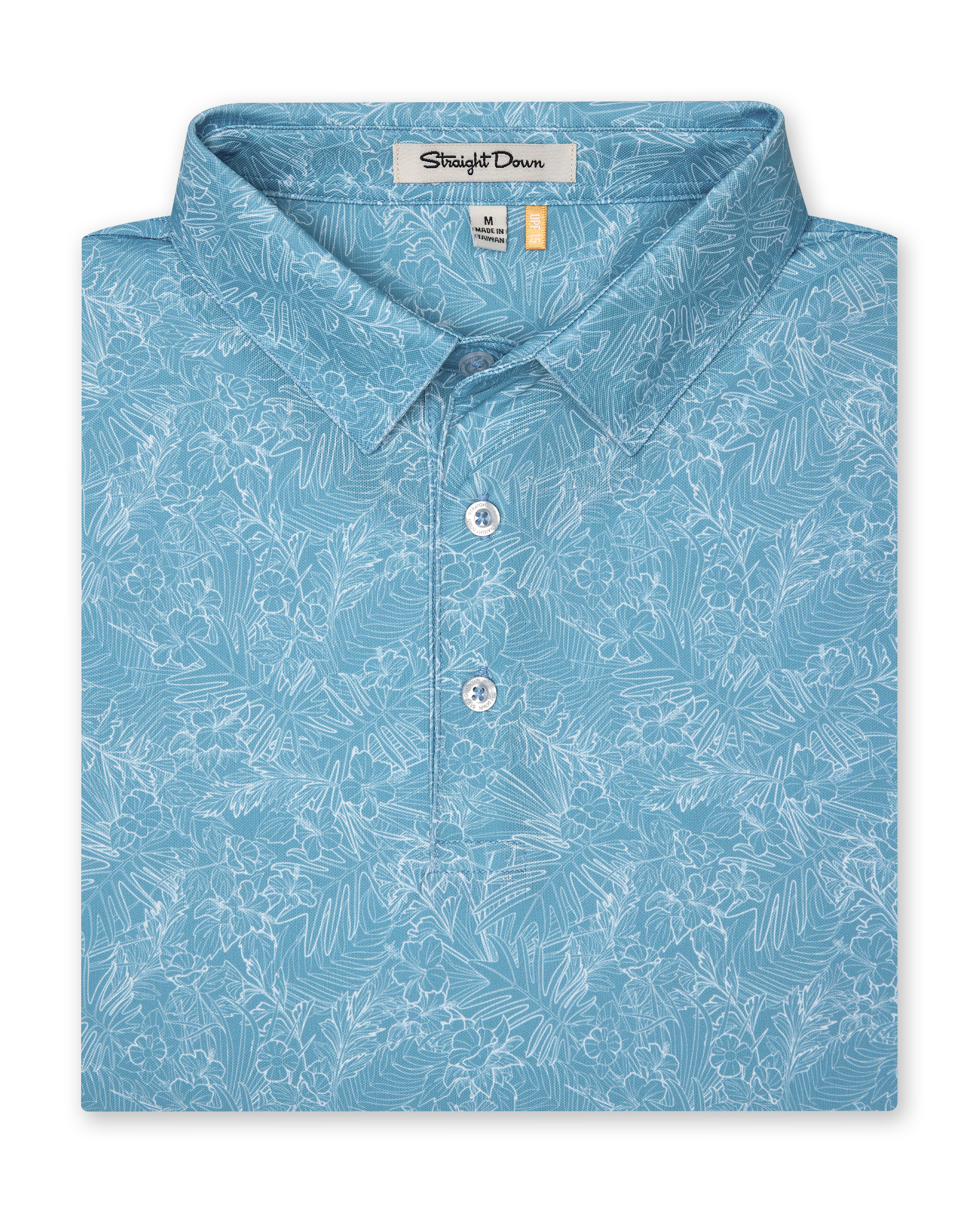 Men's Ka'anapali Polo in Coastal, folded flat lay front view featuring a medium blue short sleeve polo with an allover white tropical floral and palm leaf line-art print