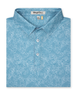 Men's Ka'anapali Polo in Coastal, folded flat lay front view featuring a medium blue short sleeve polo with an allover white tropical floral and palm leaf line-art print