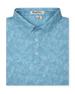 Men's Ka'anapali Polo in Coastal, folded flat lay front view featuring a medium blue short sleeve polo with an allover white tropical floral and palm leaf line-art print
