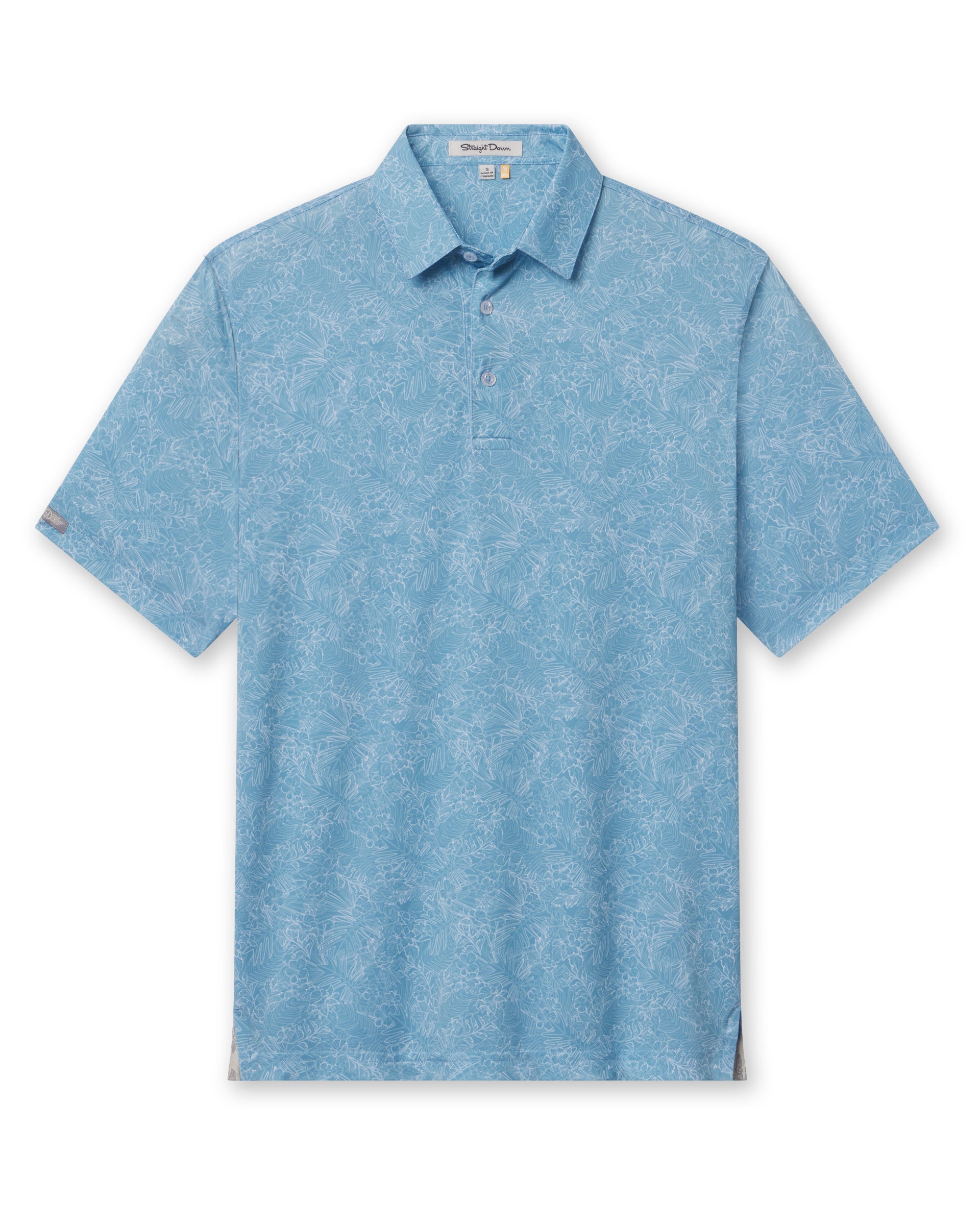 Men's Ka'anapali Polo in Coastal, flat lay front view featuring a medium blue short sleeve polo with an allover white tropical floral and palm leaf line-art print