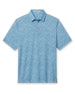 Men's Ka'anapali Polo in Coastal, flat lay front view featuring a medium blue short sleeve polo with an allover white tropical floral and palm leaf line-art print
