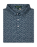 Men's Redbud Polo in New Indigo, folded flat lay front view featuring a navy base with a scattered green and light pink floral print