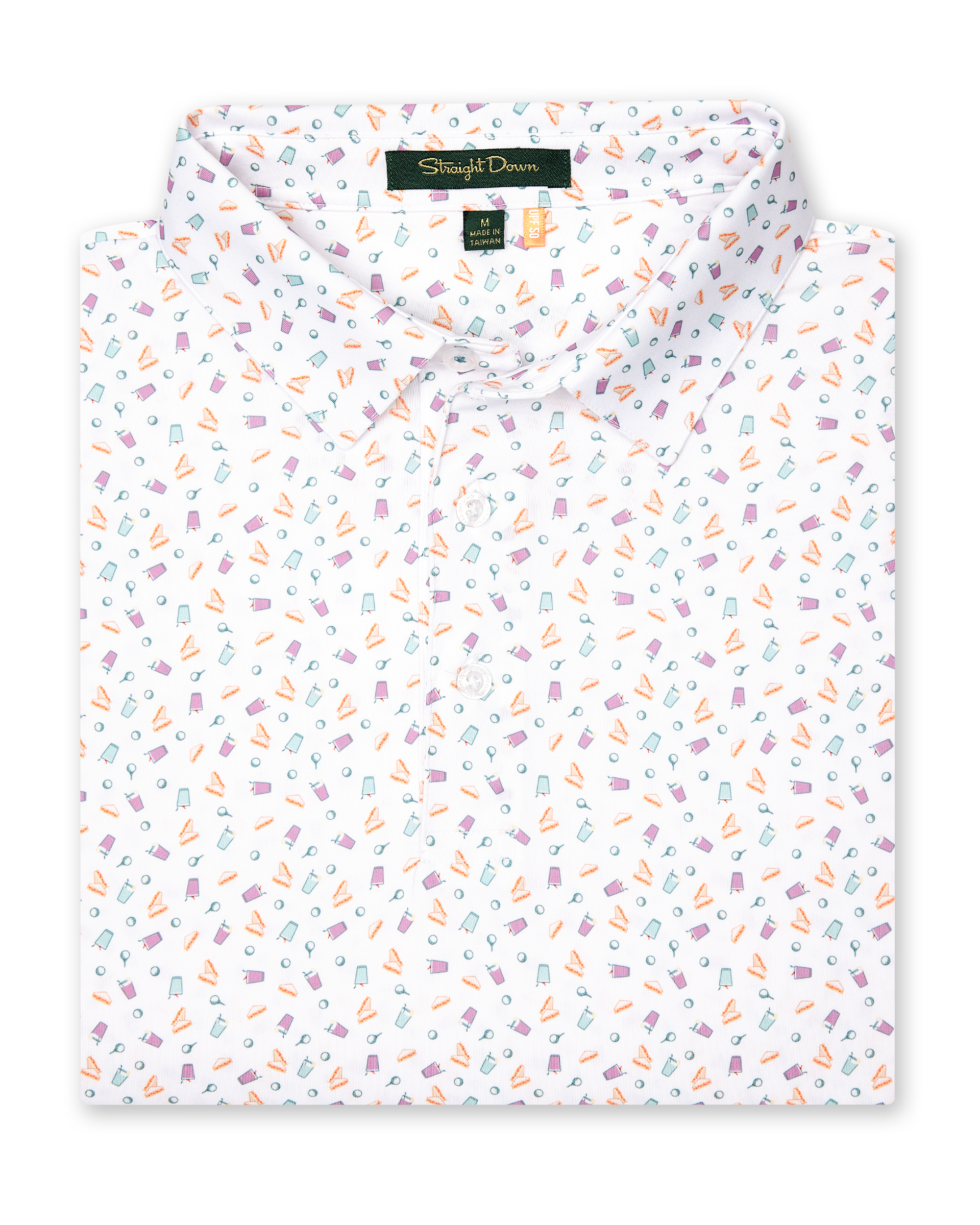 Men's Pimento Cheese Polo in White, folded flat lay front view featuring a white base with a scattered golf, sandwich, and drink print in purple, teal, and orange
