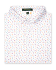 Men's Pimento Cheese Polo in White, folded flat lay front view featuring a white base with a scattered golf, sandwich, and drink print in purple, teal, and orange