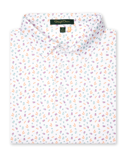 Men's Pimento Cheese Polo in White, folded flat lay front view featuring a white base with a scattered golf, sandwich, and drink print in purple, teal, and orange