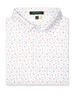 Men's Pimento Cheese Polo in White, folded flat lay front view featuring a white base with a scattered golf, sandwich, and drink print in purple, teal, and orange