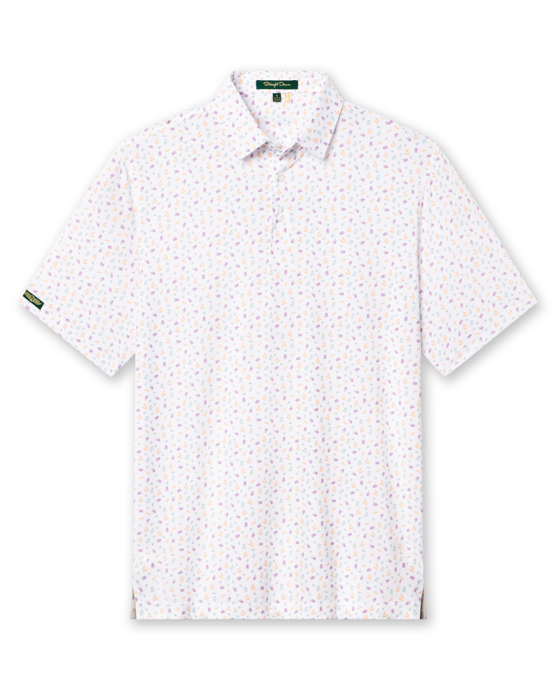 Men's Pimento Cheese Polo in White, flat lay front view featuring a white base with a scattered golf, sandwich, and drink print in purple, teal, and orange, with Straight Down logo patch visible on sleeve